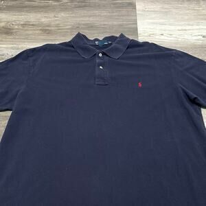 Vintage Y2K Polo Ralph Lauren‎ Navy Blue Mens 2XLT Red Pony Golf Polo Shirt EUC